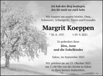 Traueranzeige von Margrit Koeppen von Neubrandenburger Zeitung