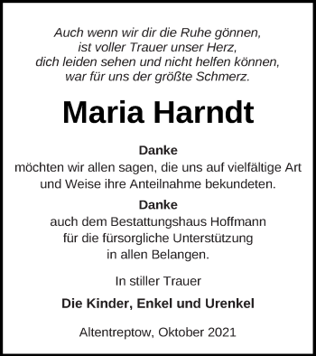 Traueranzeige von Maria Harndt von Neubrandenburger Zeitung