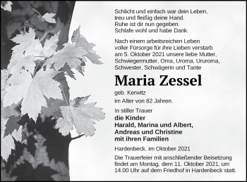 Traueranzeige von Maria Zessel von Templiner Zeitung