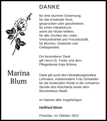 Traueranzeige von Marina Blum von Prenzlauer Zeitung