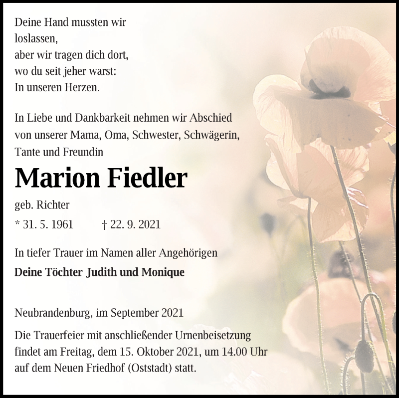  Traueranzeige für Marion Fiedler vom 02.10.2021 aus Neubrandenburger Zeitung