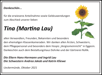 Traueranzeige von Martina Lau von Haff-Zeitung