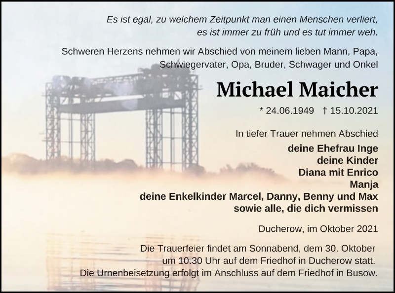  Traueranzeige für Michael Maicher vom 22.10.2021 aus Vorpommern Kurier