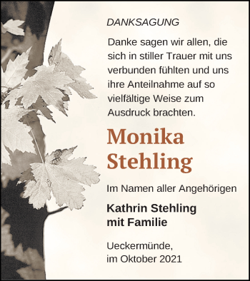 Traueranzeige von Monika Stehling von Haff-Zeitung