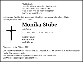 Traueranzeige von Monika Stübe von Mecklenburger Schweiz