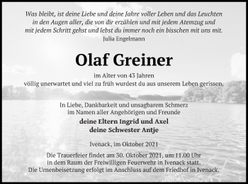 Traueranzeige von Olaf Greiner von Mecklenburger Schweiz