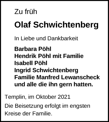 Traueranzeige von Olaf Schwichtenberg von Templiner Zeitung