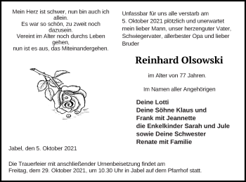 Traueranzeige von Reinhard Olsowski von Müritz-Zeitung