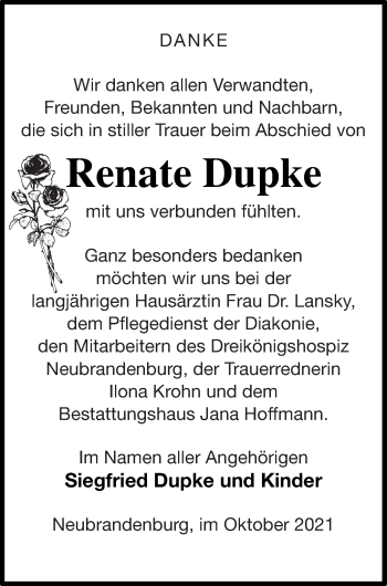 Traueranzeige von Renate Dupke von Neubrandenburger Zeitung