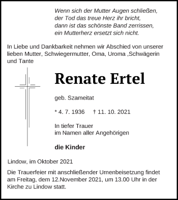 Traueranzeige von Renate Ertel von Strelitzer Zeitung