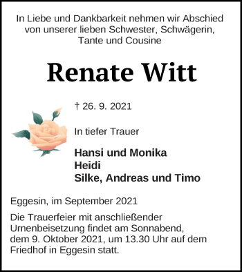 Traueranzeige von Renate Witt von Haff-Zeitung