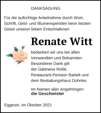 Traueranzeige von Renate Witt von Haff-Zeitung