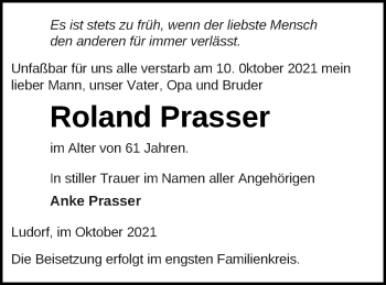 Traueranzeige von Roland Prasser von Müritz-Zeitung