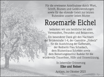 Traueranzeige von Rosemarie Eichel von Vorpommern Kurier