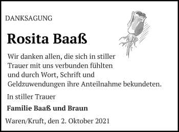Traueranzeige von Rosita Baaß von Müritz-Zeitung