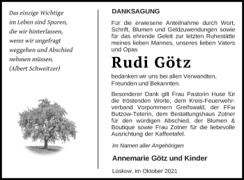 Traueranzeige von Rudi Götz von Vorpommern Kurier