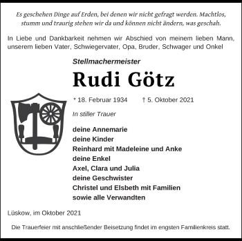 Traueranzeige von Rudi Götz von Vorpommern Kurier