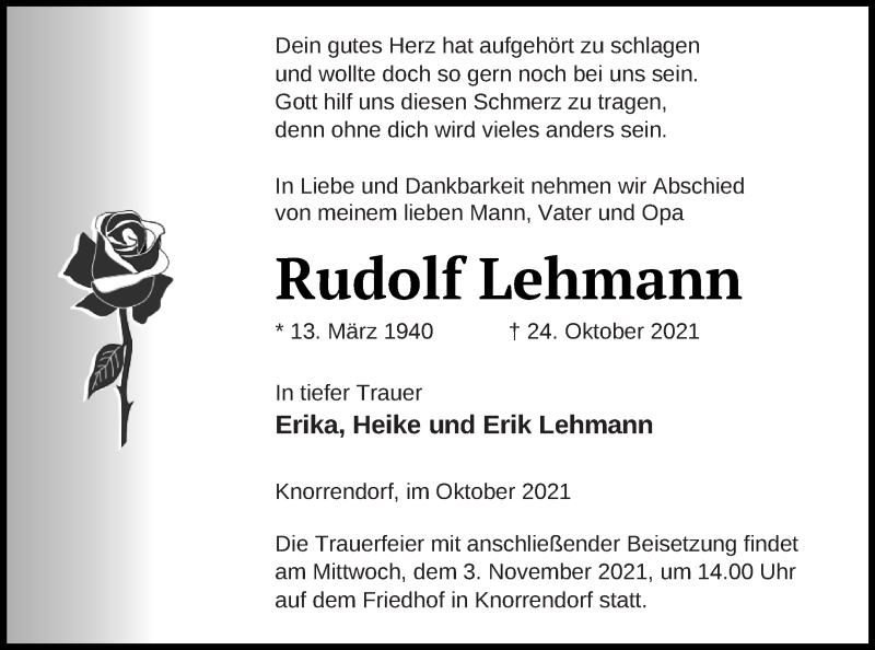  Traueranzeige für Rudolf Lehmann vom 29.10.2021 aus Mecklenburger Schweiz