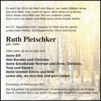 Traueranzeige von Ruth Pietschker von Vorpommern Kurier