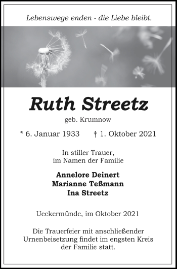 Traueranzeige von Ruth Streetz von Haff-Zeitung