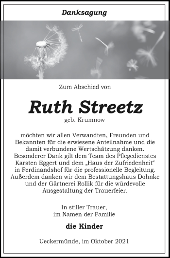 Traueranzeige von Ruth Streetz von Haff-Zeitung