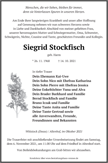 Traueranzeige von Siegrid Stockfisch von Müritz-Zeitung