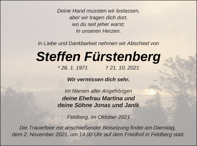  Traueranzeige für Steffen Fürstenberg vom 27.10.2021 aus Strelitzer Zeitung