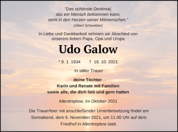 Traueranzeige von Udo Galow von Neubrandenburger Zeitung