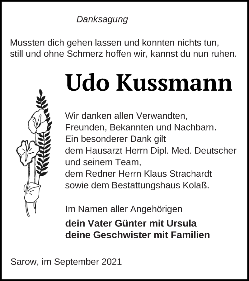  Traueranzeige für Udo Kussmann vom 05.10.2021 aus Demminer Zeitung