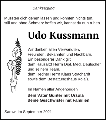 Traueranzeige von Udo Kussmann von Demminer Zeitung