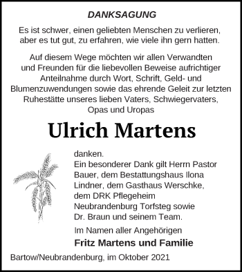 Traueranzeige von Ulrich Martens von Demminer Zeitung