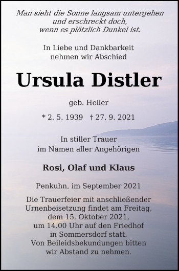 Traueranzeige von Ursula Distler von Pasewalker Zeitung