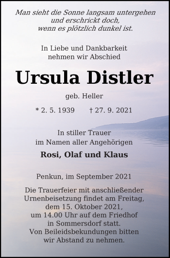 Traueranzeige von Ursula Distler von Pasewalker Zeitung