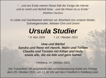 Traueranzeige von Ursula Studier von Strelitzer Zeitung