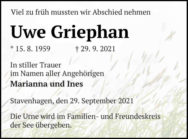  Traueranzeige für Uwe Griephan vom 09.10.2021 aus Demminer Zeitung