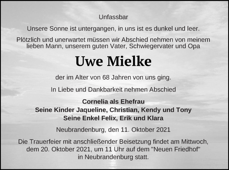  Traueranzeige für Uwe Mielke vom 15.10.2021 aus Neubrandenburger Zeitung