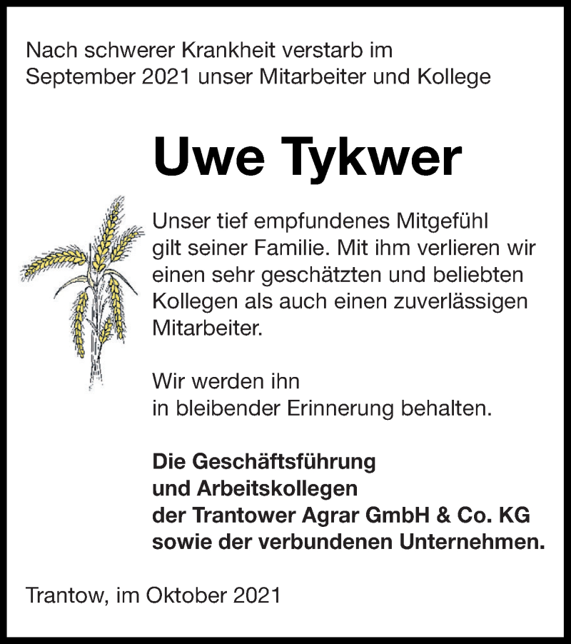  Traueranzeige für Uwe Tykwer vom 09.10.2021 aus Vorpommern Kurier