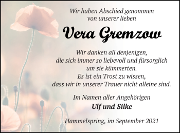 Traueranzeige von Vera Gremzow von Templiner Zeitung