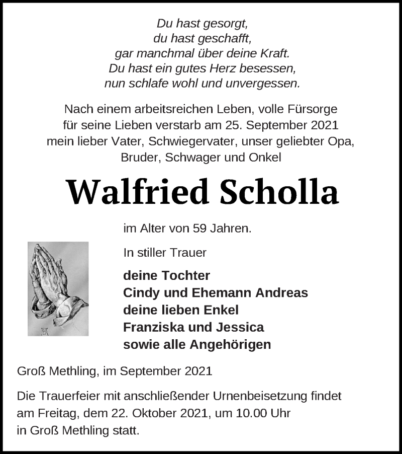  Traueranzeige für Walfried Scholla vom 12.10.2021 aus Mecklenburger Schweiz