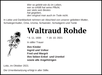 Traueranzeige von Waltraud Rohde von Vorpommern Kurier