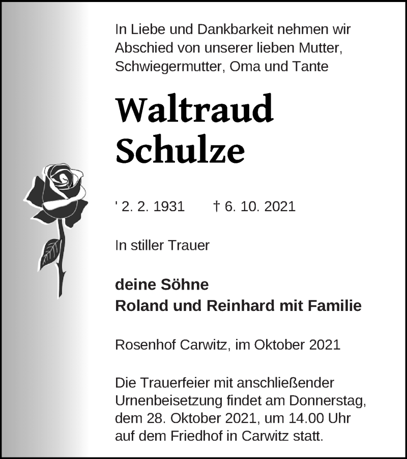  Traueranzeige für Waltraud Schulze vom 13.10.2021 aus Strelitzer Zeitung