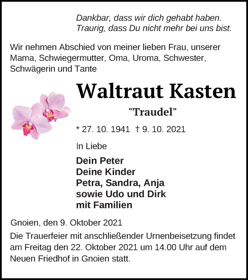  Traueranzeige für Waltraut Kasten vom 15.10.2021 aus Mecklenburger Schweiz