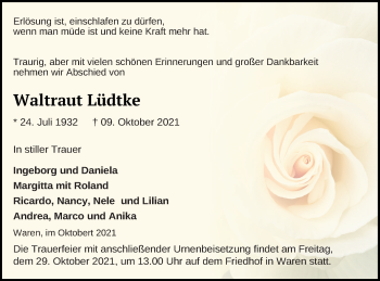 Traueranzeige von Waltraut Lüdtke von Müritz-Zeitung