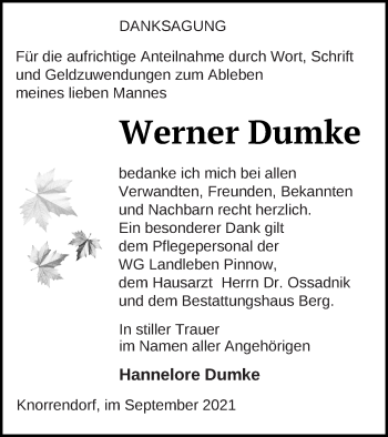 Traueranzeige von Werner Dumke von Neubrandenburger Zeitung