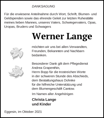 Traueranzeige von Werner Lange von Haff-Zeitung