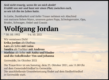 Traueranzeige von Wolfgang Jordan von Templiner Zeitung