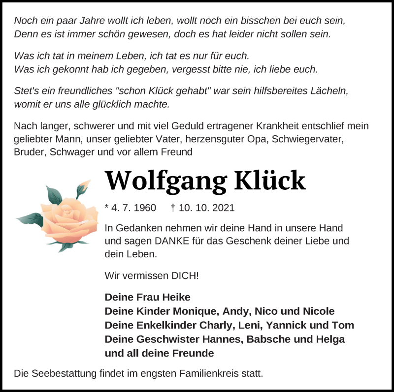  Traueranzeige für Wolfgang Klück vom 16.10.2021 aus Demminer Zeitung