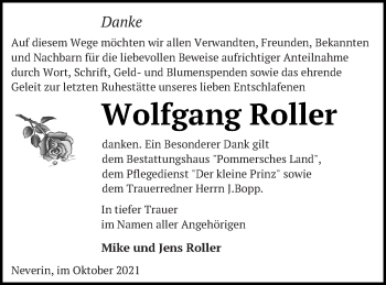 Traueranzeige von Wolfgang Roller von Neubrandenburger Zeitung