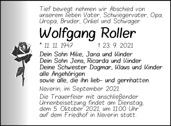 Traueranzeige von Wolfgang Roller von Neubrandenburger Zeitung