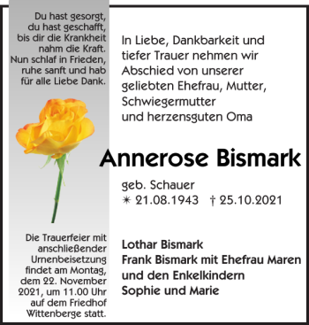 Traueranzeige von Annerose Bismark von Der Prignitzer